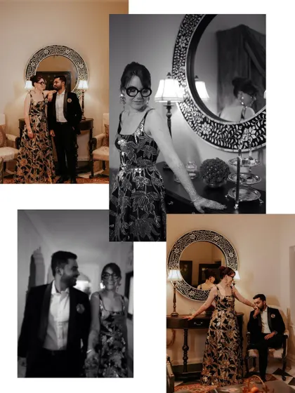 A stylish black and white collage from a cocktail party, capturing the couple's elegance and the classic, timeless vibe of their celebration at Jai Mahal Palace.