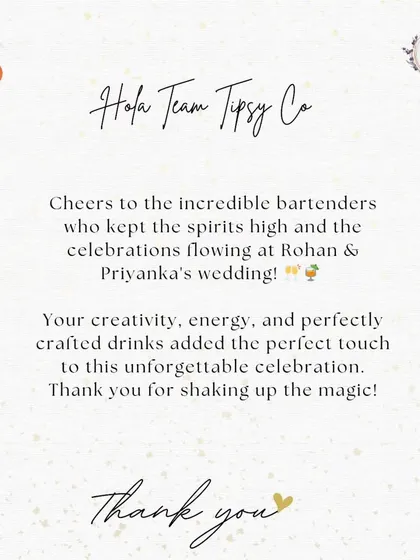A beautifully designed thank you card from a client, praising our team's creativity, energy, and perfectly crafted drinks for keeping the spirits high.