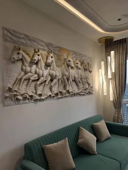 Another perspective of the living room, showing how the 7 horses mural serves as an elegant and commanding piece of wall art.