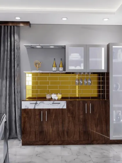A 3D render of a crockery unit that doubles as a bar. It features a mix of wood and white cabinets, a vibrant yellow-tiled backsplash, and dedicated glass hangers.