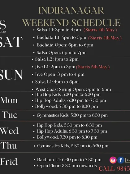 The new schedule for our LVDS Indiranagar studio. This comprehensive list includes all our weekend and weekday batches for Salsa, Bachata, Jive, Hip Hop, and more.