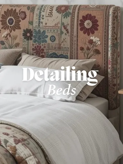 This image is part of a series on detailing beds. A patterned, upholstered headboard can introduce color and personality, turning the bed into a statement piece that anchors the room's design.