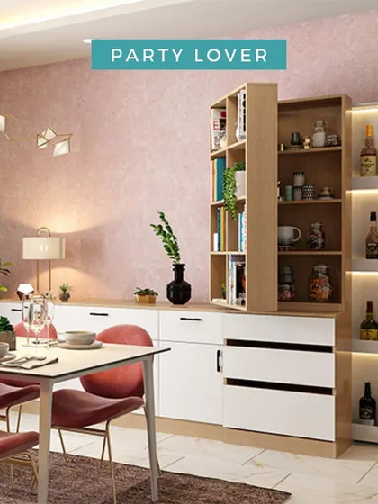 A living room for the party lover, with a hidden bar cabinet that slides out from a bookshelf, and a dining area with bold red chairs.