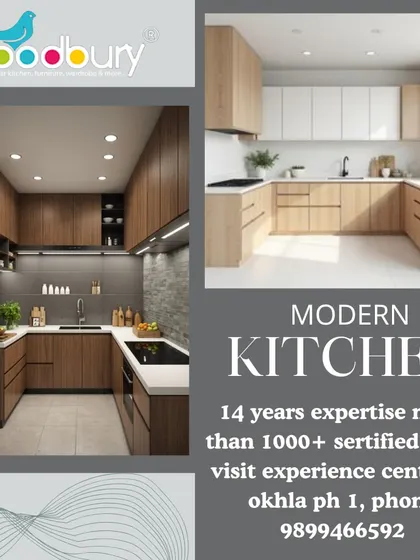 Wood-finish cabinets bring natural warmth to a modern kitchen. This collage shows two different ways to use wood tones, either for all cabinets or paired with white for a two-tone effect.