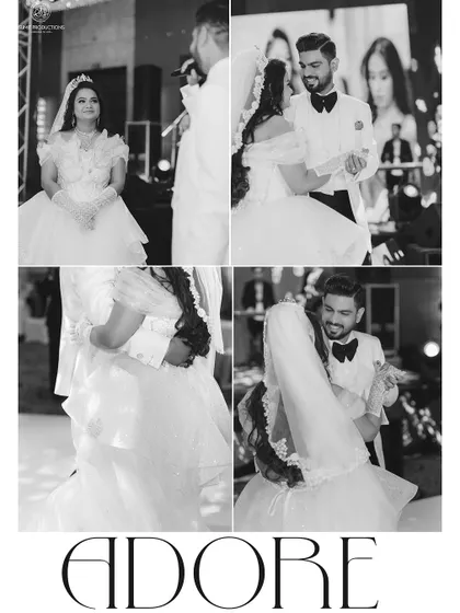 A collage capturing the magical moments of a church wedding, from the first dance to the loving glances. Her makeup stayed perfect through it all.