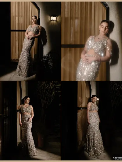 A collage of the bride in her engagement gown, showcasing different poses and angles that capture her elegance and the dress's stunning detail.