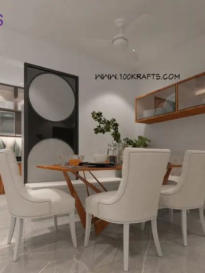 The dining area in the 'Modern Ethnic' home, featuring a simple wooden table and elegant white chairs. A floating wooden cabinet provides stylish and practical storage.