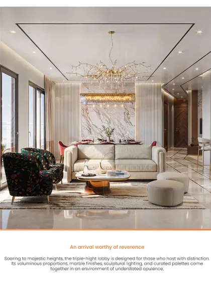 At the Kutumb residential project, the living spaces are defined by voluminous proportions and a palette of understated opulence. I used marble finishes, sculptural lighting, and curated furniture to create an environment of refined elegance and distinction.