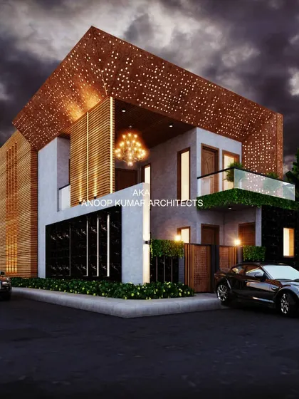 A corner view of the modern facade, showing how the perforated screen wraps around the building to create a cohesive and visually interesting architectural statement.