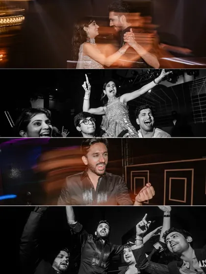 A high-energy collage from an engagement party. The mix of motion blur, dancing, and joyful crowd shots perfectly captures the celebratory atmosphere and fun of the night.