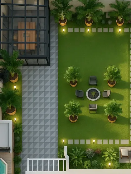 An aerial 3D view of a complete backyard plan, showing the layout of the lawn, fire pit area, swimming pool, and covered dining space.
