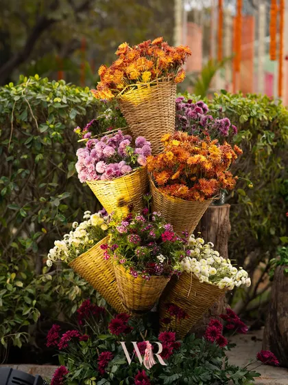 A fun and vibrant floral installation. We used woven baskets to create a tiered display of colorful chrysanthemums and other seasonal blooms, adding a touch of rustic, marketplace charm.