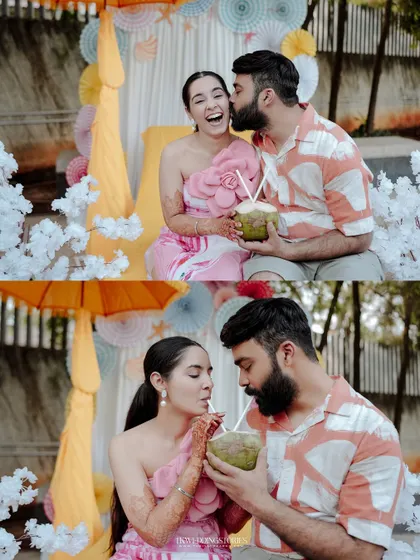 A fun and playful pre-wedding moment, with the couple sharing coconut water. These lighthearted shots are perfect for showing your personalities and creating relaxed memories.