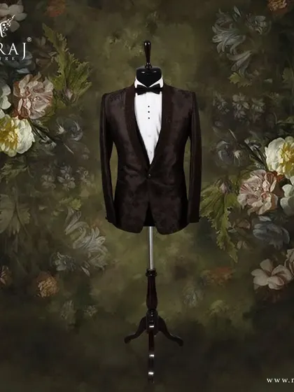 This brown Italian-textured tuxedo is all about refined style. The embossed floral details and self-color embellishments create a look of sophisticated charm, perfect for a formal wedding reception.