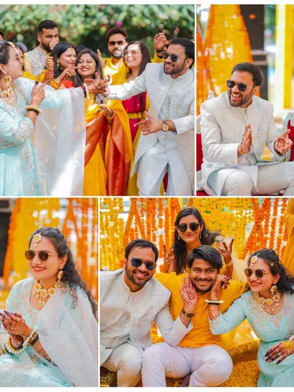 Friends and family are a huge part of the Haldi fun. This collage captures Palash and Palak celebrating with their closest friends, sharing laughs and creating memories together.