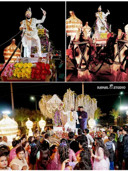 A collage of the groom's Baraat, showing his energetic arrival on a horse-drawn carriage.