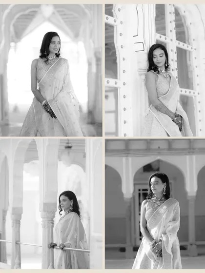 A black and white collage of the bride in various poses within a palace corridor, showcasing her elegance and the stunning architecture.