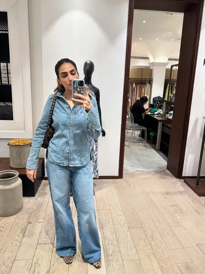 A denim-on-denim look from a day of shopping.