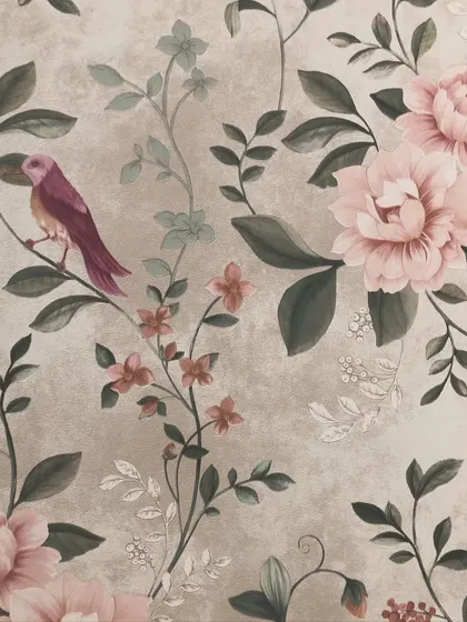A detailed shot of the beautiful peony and bird wallpaper design.