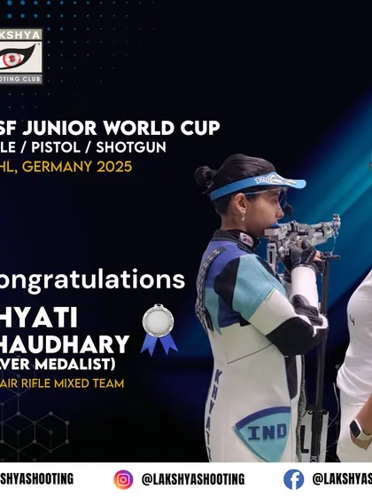 Our promising athlete Khyati Chaudhary seen with coach Suma Shirur after winning a silver medal in the 10m Air Rifle Mixed Team event at the ISSF Junior World Cup in Suhl, Germany. This highlights our focus on nurturing talent for global competitions.