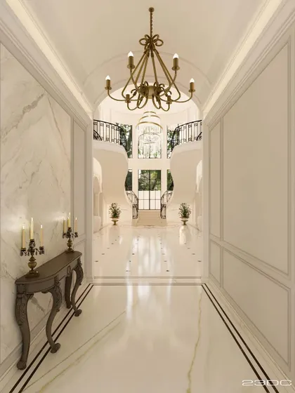 A view down a stately corridor in a neoclassical home, leading towards the grand, eagle-winged staircase. The design uses symmetry, elegant lighting, and reflective marble floors to create a journey of sophistication.