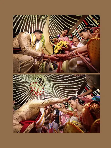 A collage capturing the 'Jeelakarra Bellam' ceremony, a key ritual in Telugu weddings where the couple places a paste on each other's heads.