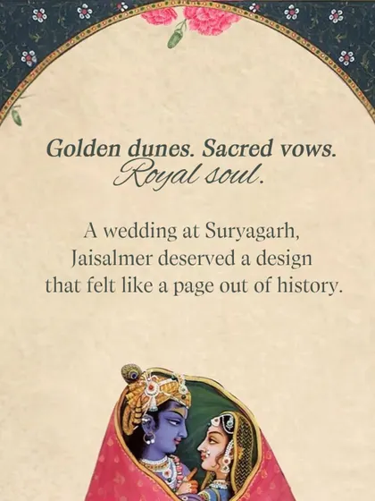 This graphic sets the scene for the Golden Dunes collection. The text, "Golden dunes. Sacred vows. Royal soul," encapsulates the entire story, inspired by a wedding at Suryagarh, Jaisalmer.