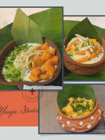 A collage showcasing some of my seasonal mango desserts. Served in traditional clay 'matkas', these treats combine fresh mango chunks with creamy bases for a refreshing sweet.