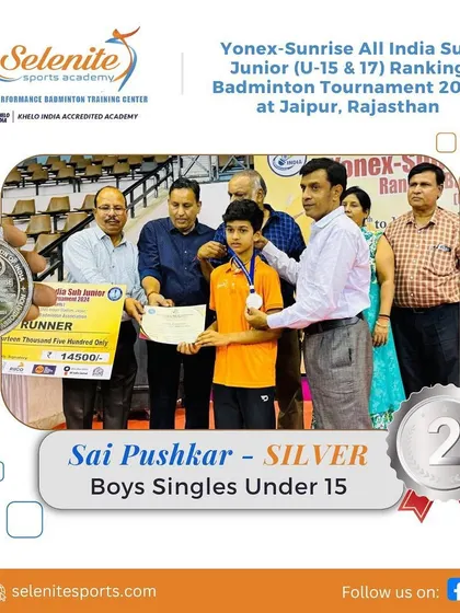 Sai Pushkar receiving his Silver medal for the Boys Singles Under 15 category at the All India Sub Junior Ranking Tournament in Jaipur, Rajasthan.