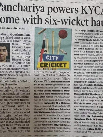 We are thrilled to see our player Goutham Panchariya featured in the Times of India for his outstanding 6-wicket haul in the KSCA U-14 league.