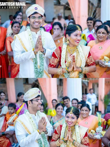 A collage of the happy couple greeting their guests with folded hands, radiating joy and gratitude.