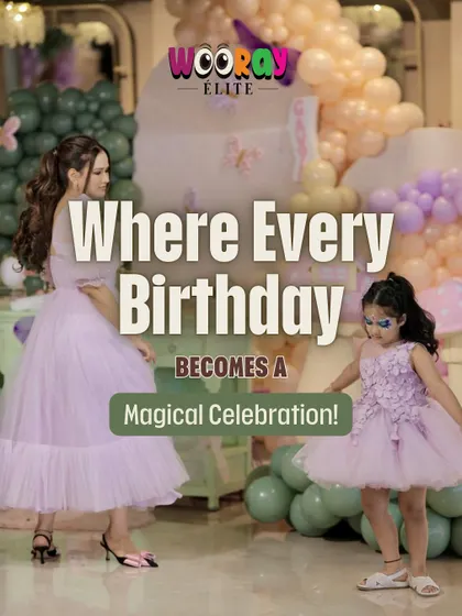 A mother and daughter dressed in matching lavender gowns at a magical fairy-themed birthday party. We create celebrations where every moment is picture-perfect.