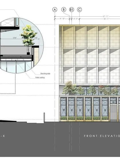 A detailed architectural section and front elevation drawing for Stone Boulevard. These technical documents are crucial for ensuring every detail, from the building's proportions to its structural components, is precisely executed.