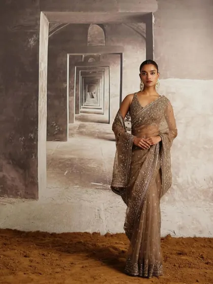 A full-length shot of a sheer, embellished saree. The styling is classic and graceful, showcasing the intricate beadwork and timeless appeal of the garment against a dramatic, perspective-driven backdrop.