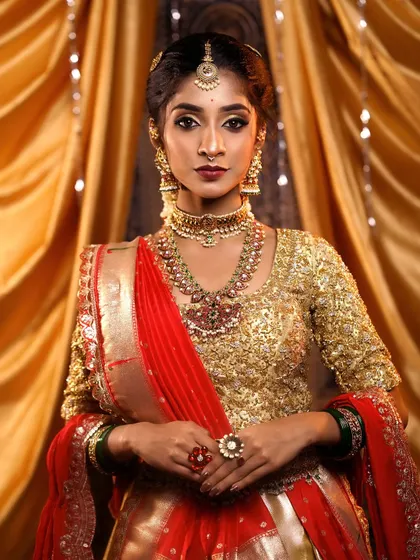 A powerful portrait with the bride looking directly at the camera. The makeup enhances her strong features, creating a look of confidence.