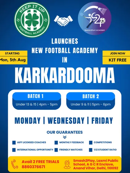 This is the launch announcement for my new football academy in Karkardooma. I offer structured batches for different age groups with guarantees like AIFF licensed coaches and a 1:12 student ratio.