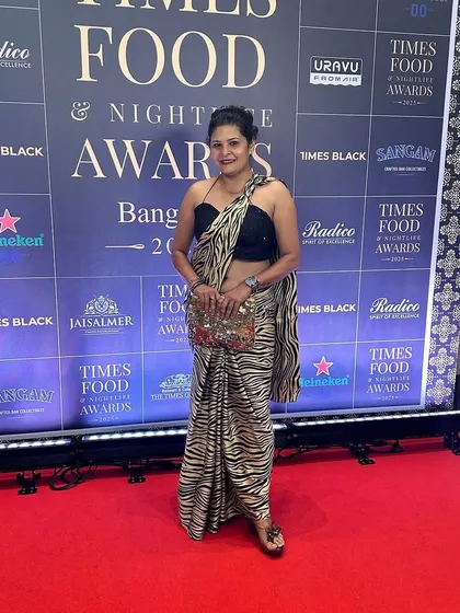 On the red carpet for the Times Food & Nightlife Awards. I styled this animal print saree from my 'Animal Instinct' collection with a black bandeau top for a bold, modern take on ethnic wear.
