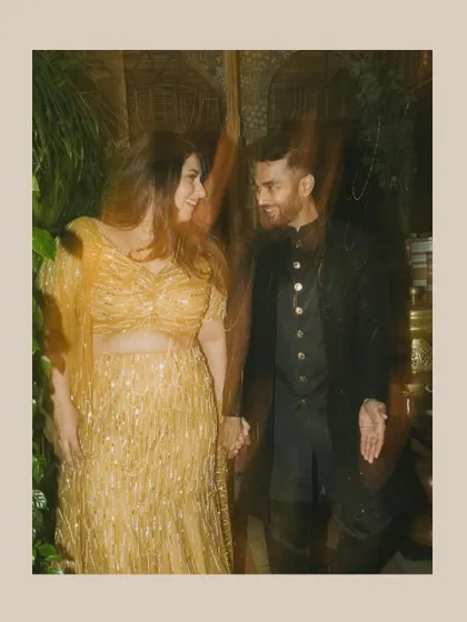 A motion-blur portrait of Juhi and Jay. This artistic effect adds a dreamy and dynamic quality to the image, capturing the energy of their celebration.