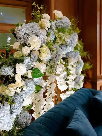 A beautiful floral arch in shades of blue and white, created for a Sangeet photo booth. The lush hydrangeas and cascading white flowers provided a stunning backdrop for guests' pictures.
