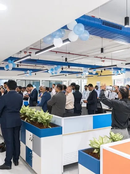 The inauguration day at the new Daikin office. The space is buzzing with energy as employees gather in their newly designed workspace.