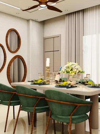 This render showcases a dining room with bold green chairs, a wall of decorative mirrors, and natural elements like a potted plant, creating a fresh and vibrant space.