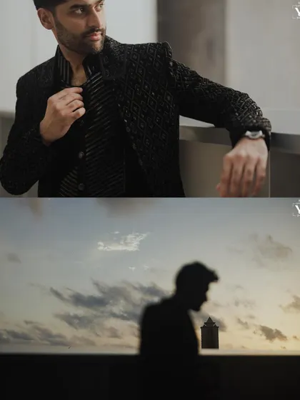 A two-panel collage featuring a stylish portrait of the groom and a silhouette of him against a dramatic sunset sky, creating a modern and fashionable feel.