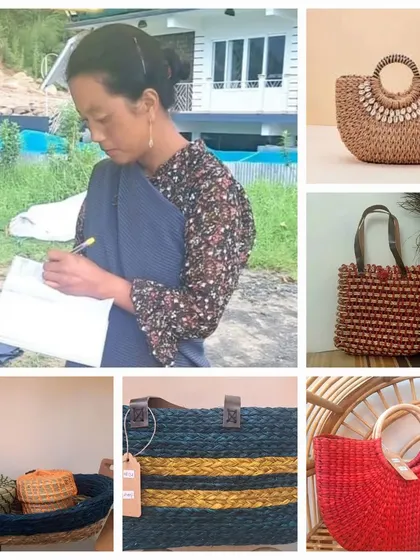 This collage celebrates the women artisans behind our products and the beautiful bags they create. It connects the final product to the person who made it, reinforcing our commitment to empowering local craftswomen.
