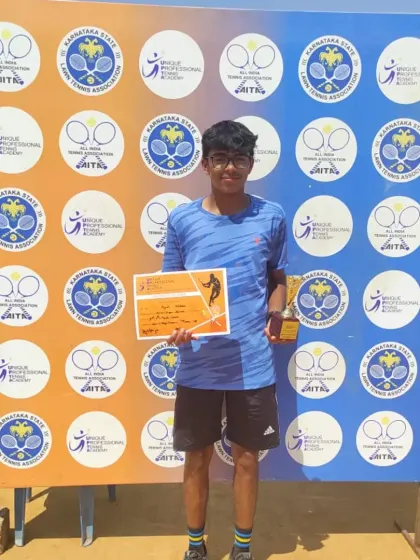 Ayush Kotian, doubles finalist at the AITA-UPTA Super Series for Boys under 16. Our players are trained to excel in both singles and doubles formats.