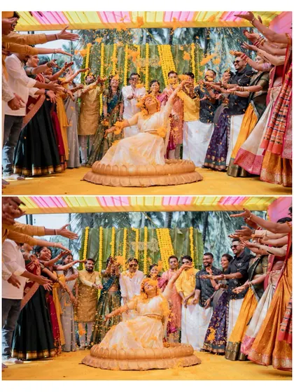 A collage showing the bride being showered with flower petals by her loved ones from all sides.
