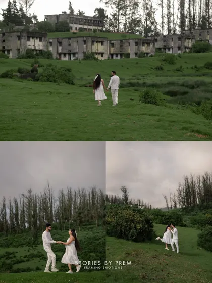 A collage showcasing different moments from a walk through the green hills. It includes wide shots of the landscape and candid moments of the couple holding hands and laughing together.
