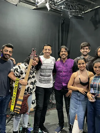 A group photo with an incredibly talented team of musicians, including Mame Khan and Stephen Devassy. I love collaborating with fellow artists to create unique fusion music.