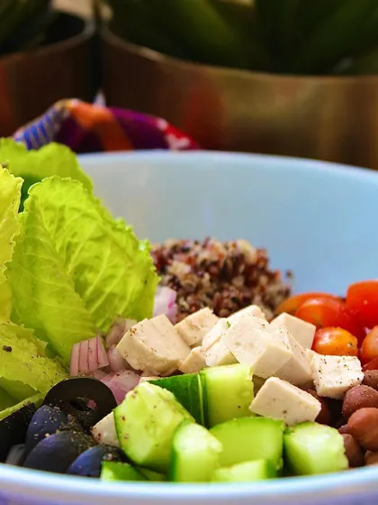 A close-up of the High Protein Salad Bowl, focusing on the fresh silken tofu, cucumbers, and olives. It's a perfect meal to energize your day.