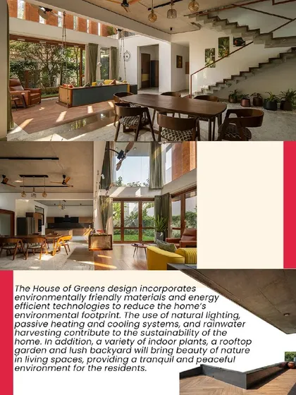 This media feature highlights the home's sustainable design, including the use of natural light, passive cooling, and a variety of indoor and rooftop plants to reduce the environmental footprint.