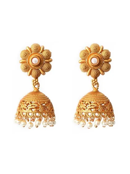 This product image showcases traditional jhumka earrings with white pearl details against a white background, perfect for clear and concise representation on Amazon or Flipkart.
